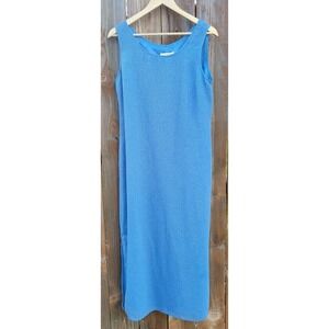 Amanda Smith Lined Blue Maxi Yoke-Style Dress Boat Neck Slit Sides